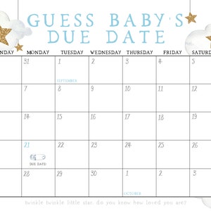 EDITABLE Guess Baby's Due Date Calendar, Twinkle Twinkle Little Star ...