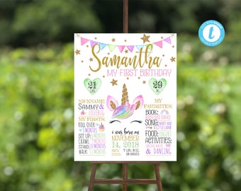 May include: A personalised first birthday sign with a unicorn design and the name "Samantha" in gold script. The sign includes details like weight (9.5 kg), height (74 cm), nicknames, milestones, and favourites. The sign is on an easel.