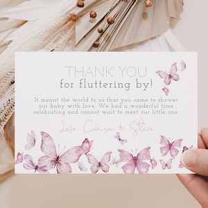Tarjeta de agradecimiento de mariposa rosa, besos de mariposa y postal de deseos de bebé, baby shower gracias, cumpleaños gracias, descarga instantánea