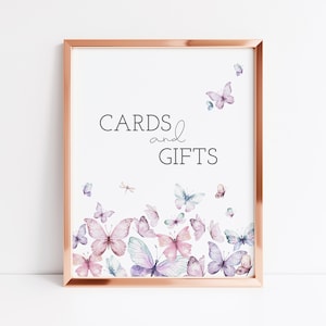 Butterfly Gift Table Sign, Aangepaste Geschenken en Kaarten Teken, Vlinders Baby Shower, Roze Paars Blauwe Vlinder Verjaardag, Instant Download
