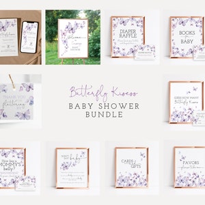 Vlinder baby shower uitnodiging bundel, vlinder kussen uitnodigen, luier loterij, cadeau en kaart tabel teken, welkomst teken, Instant Download