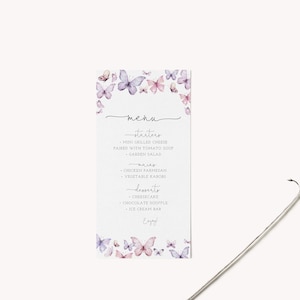 Vlinder afdrukbaar menu, baby shower menu, vlinderkussen en babywensen, meisje verjaardagsmenu, bewerkbare PDF, Instant Download