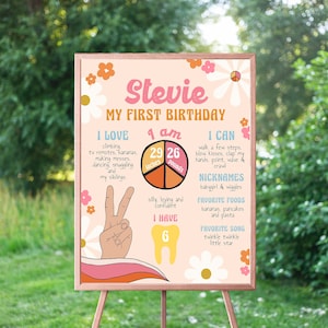 EDITABLE Groovy Milestone Birthday Board, Retro 1st Birthday Board, First Birthday, 60s 70s Birthday, Peace Love And One, Instant Download