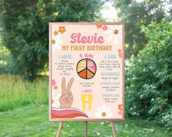 EDITABLE Groovy Milestone Birthday Board, Retro 1st Birthday Board, First Birthday, 60s 70s Birthday, Peace Love And One, Instant Download