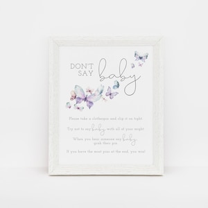 Butterfly Don't Say Baby Sign, Baby Shower Game, Butterfly Kisses And Baby Wishes Activity, Girl Baby Shower, Editable PDF, Instant Download