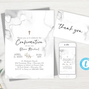 EDITABLE Black And White Confirmation Invite, Watercolor Invitation Template, Modern Confirmation, PDF, Instant Download