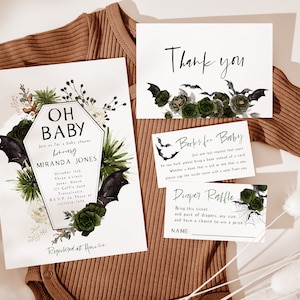 Oh Baby Halloween Baby Shower Invitation, Green Fall Baby Shower, Vampire Bat Baby Sprinkle, Coffin Invite, Editable PDF, Instant Download