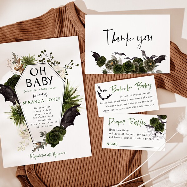 Oh bebé Halloween Baby Shower Invitación, Baby Shower de otoño verde, Baby Sprinkle de murciélago vampiro, Invitación de ataúd, PDF editable, Descarga instantánea