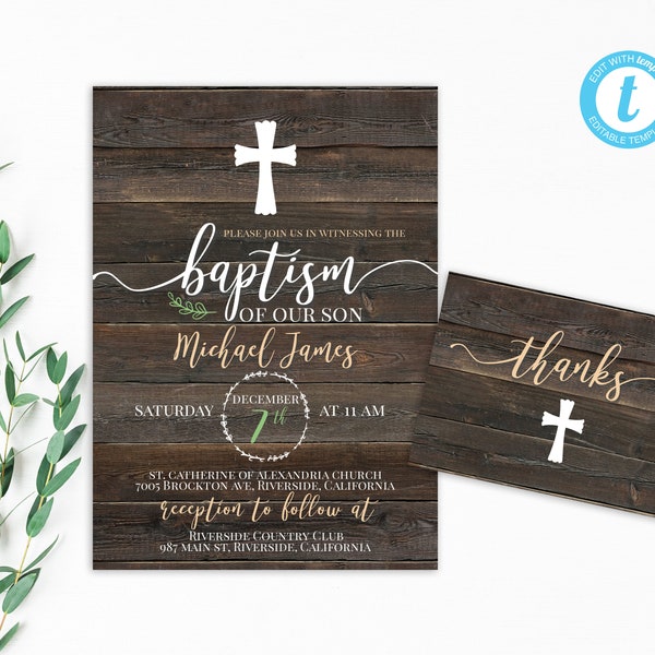 EDITABLE Rustic Baptism Invite, Baptism Invitation Template, Boy Baptism, Rustic, Instant Download