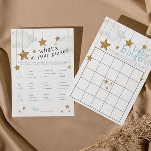 Twinkle Star Baby Shower Games, Baby Bingo, What&#39;s In Your Purse, Gold Stars, Printable Games, Instant Download