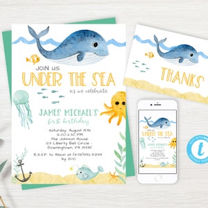EDITABLE Under The Sea Birthday Invite, First Birthday Invitation, Ocean Invite, Aquatic Invite, Boy Or Girl, Editable PDF, Instant Download