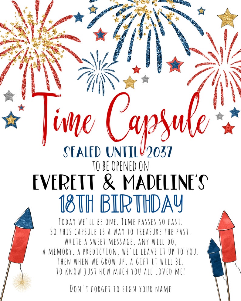 Instant Download Stars And Firecrackers Board July 4 First Birthday Printable Time Capsule Sign EDITABLE Twins Fireworks Time Capsule