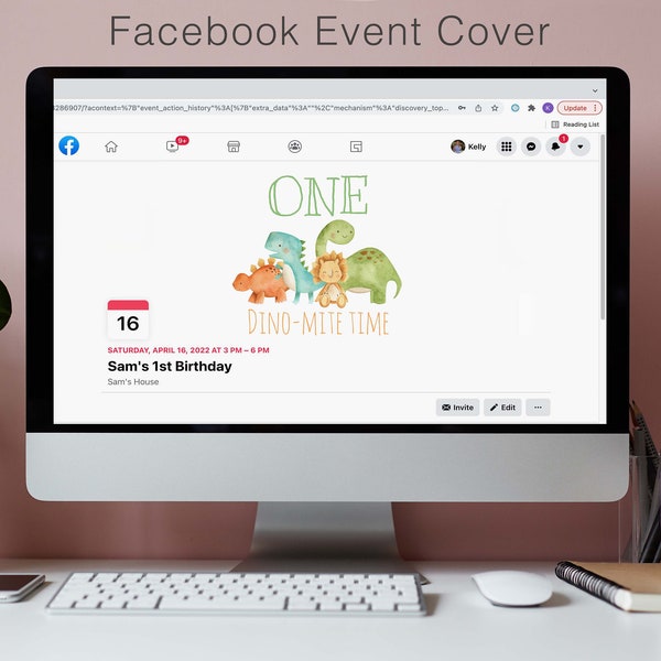 Dinosaur Birthday Facebook Event Cover, First Birthday Facebook Event Cover, Dino-Mite, Stomp Chomp Roar, Editable PDF, Instant Download