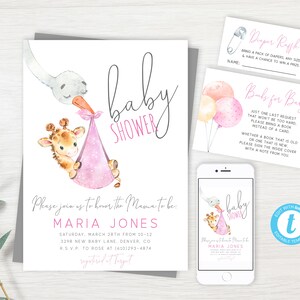 EDITABLE Giraffe Baby Shower Invitation, Safari Baby Shower Invite, Girl Baby Shower, Baby Sprinkle, Editable PDF, Instant Download