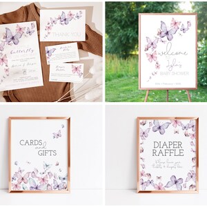 Vlinder baby shower uitnodiging bundel, vlinder kussen uitnodigen, luier loterij, cadeau en kaart tabel teken, welkomst teken, Instant Download