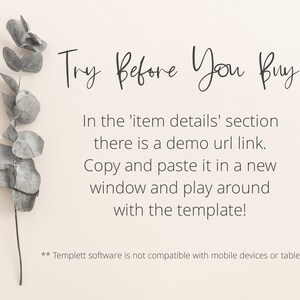Puede incluir: Un gr&aacute;fico de texto con una rama frondosa en el lado izquierdo. El texto dice "Try Before You Buy" en una fuente de escritura a mano. El texto contin&uacute;a con instrucciones para copiar y pegar un enlace URL de demostraci&oacute;n desde la secci&oacute;n de detalles del art&iacute;culo para probar la plantilla.