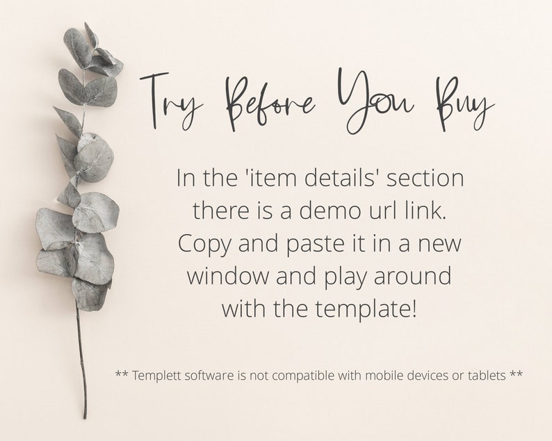 Puede incluir: Un gr&aacute;fico de texto con una rama frondosa en el lado izquierdo. El texto dice "Try Before You Buy" en una fuente de escritura a mano. El texto contin&uacute;a con instrucciones para copiar y pegar un enlace URL de demostraci&oacute;n desde la secci&oacute;n de detalles del art&iacute;culo para probar la plantilla.
