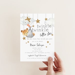 EDITABLE Twinkle Twinkle Baby Shower Invitation, Baby Bear Invite, Boy Or Girl Baby Shower, Little Star, Editable PDF, Instant Download