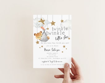 EDITABLE Twinkle Twinkle Baby Shower Invitation, Baby Bear Invite, Boy Or Girl Baby Shower, Little Star, Editable PDF, Instant Download