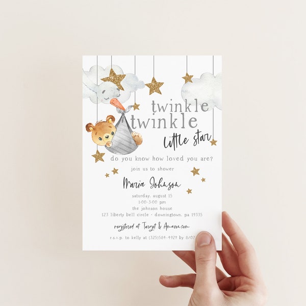 EDITABLE Twinkle Twinkle Baby Shower Invitation, Baby Bear Invite, Boy Or Girl Baby Shower, Little Star, Editable PDF, Instant Download