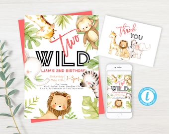 BEWERKBARE twee wilde verjaardag uitnodigen, Safari verjaardagsuitnodiging, Safari 2e verjaardag, 2e verjaardag, jongen meisje tweede verjaardag, Instant Download