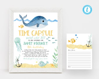 Può includere: Un invito stampabile per una capsula del tempo con illustrazioni di una balena blu, una medusa e un'ancora. Il testo recita "Capsula del tempo sigillata fino al 2037 da aprire per il 18° compleanno di James Michael".