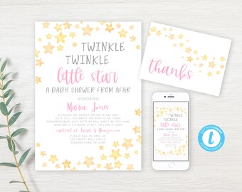 May include: A printable baby shower invitation with a watercolor design of gold stars on a white background. The text reads "Twinkle Twinkle Little Star, A Baby Shower From Afar, Honoring Maria Jones".