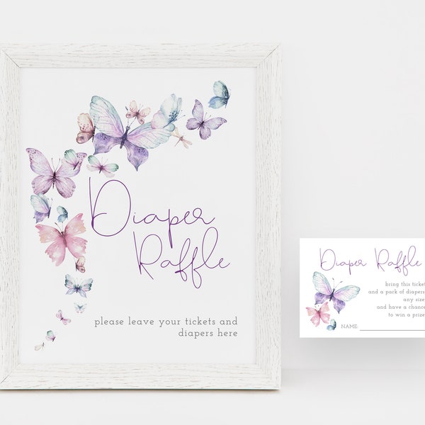 Butterfly Diaper Raffle Sign, Butterfly Kisses And Baby Wishes Diaper Raffle, Girl Baby Shower Sign, Editable PDF, Instant Download