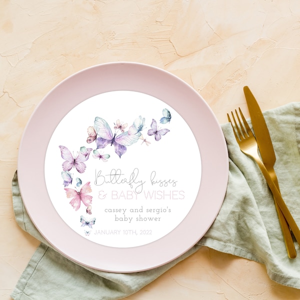 EDITABLE Butterflies Plate Cover, Personalized Plate Label, Butterfly Kisses And Baby Wishes, Party Table Decor, Instant Download