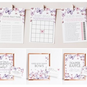 Schmetterling Baby Shower Spiel Bundle, Wie groß Mamas Bauch, Wie viele Bögen, Windelverlosung, Bingo, Name That Tune, Guess Who, Instant Download