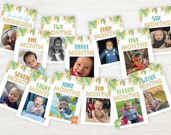 EDITABLE Dinosaur Monthly Birthday Banner, Printable First Birthday Photos, 1st Birthday Picture Sign, Dino Birthday Decor, Instant Download