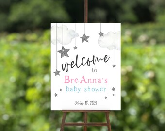 Twinkle Twinkle Little Star Willkommensschild, benutzerdefinierte Baby Shower Schild, Mond und Sterne Baby Shower, geschlechtsneutrale Baby Shower, Instant Download