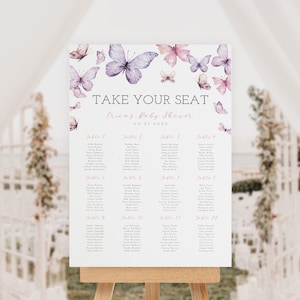 Roze paarse vlinder zitplaatsen grafiek, aangepaste neem uw stoel teken, vlinders baby shower, vlinder bruids douche poster, Instant Download
