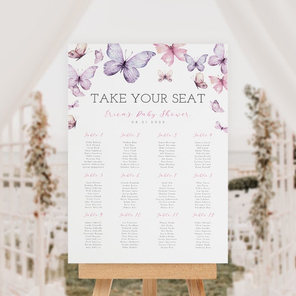 Pink Purple Butterfly Seating Chart, Custom Take Your Seat Sign, Butterflies Baby Shower, Butterfly Bridal Shower Poster, Instant Download