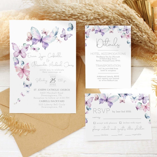 Butterfly Wedding Invitation, Purple Wedding Invite, Spring Summer Wedding, You Give Me Butterflies, Editable PDF, Instant Download