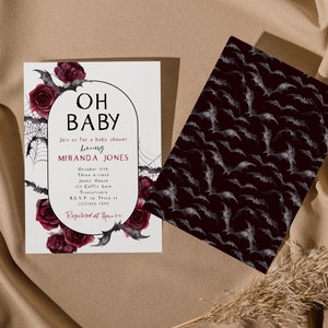 Oh Baby Halloween Baby Shower Invitation, Fall Baby Shower, Vampire Bat Baby Sprinkle, Scarlett Invite, Editable PDF, Instant Download