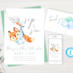 Sip N See Baby Fox Invitation, Welcome Baby Invite, Boy Sip And See, Babyboy Welcome Shower, Simple, Editable PDF, Instant Download
