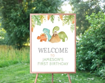 Signo de bienvenida de dinosaurio EDITABLE, tablero de cumpleaños personalizado, primer cumpleaños del niño, cumpleaños de Dino, T Rex, cartel de bienvenida, descarga instantánea