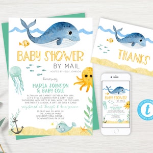 Under The Sea Welcome Baby Shower By Mail Invitation, Long Distance Shower, Ocean Baby Shower Invite, Editable PDF, Instant Download