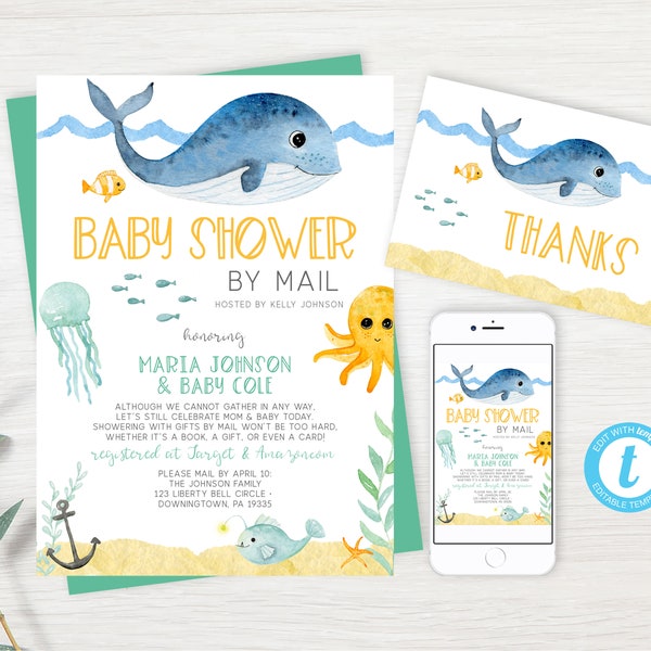 Under The Sea Welcome Baby Shower By Mail Invitation, Long Distance Shower, Ocean Baby Shower Invite, Editable PDF, Instant Download