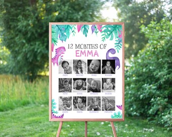 EDYTOWALNA tablica z obrazkami dinozaurów, tablica urodzinowa dla dziewczynek z dinozaurami, miesięczny plakat ze zdjęciami, kolaż z 1. urodzin, różowy fioletowy turkus, natychmiastowe pobieranie