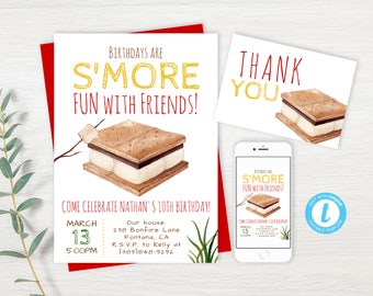 EDITABLE S'mores Birthday Invite, S'more Bonfire Party Invitation, Campfire Birthday, Smores, Any Birthday, Editable PDF, Instant Download