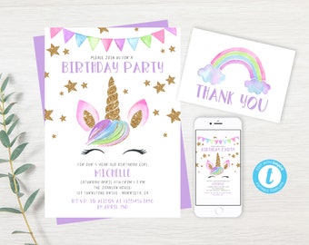 Unicorn Birthday Invitation, Girl Birthday Invite, Printable Or Text Invite, Gold Unicorn, Editable PDF, Instant Download