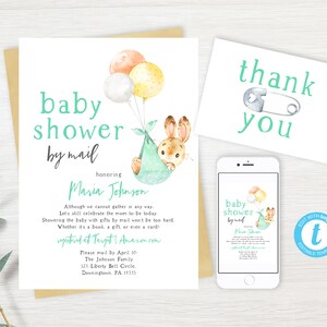 Baby Shower By Mail Invitation, Long Distance Shower, Baby Bunny Shower, Boy Shower By Mail, Balloons Invite, Editable PDF, Instant Download