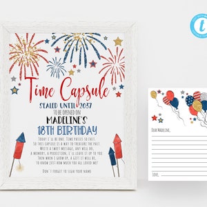 EDITABLE Fireworks Time Capsule, Printable Time Capsule Sign, First Birthday Stars And Firecrackers Board, July 4 Birthday, Instant Download