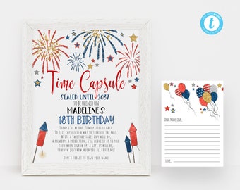 EDITABLE Fireworks Time Capsule, Printable Time Capsule Sign, First Birthday Stars And Firecrackers Board, July 4 Birthday, Instant Download