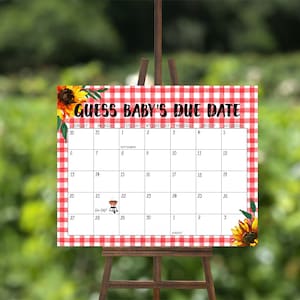EDITIERBAR Guess Baby Fälligkeitskalender, BBQ Baby Shower Board, Baby-Q Poster, Sonnenblume Fälligkeitskalender, Sofortiger Download