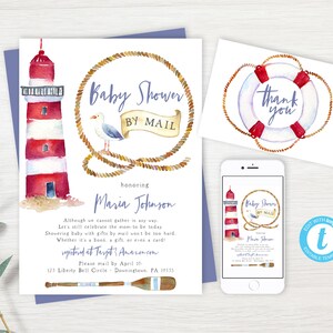 Invitación náutica de baby shower por correo, ducha de larga distancia en la orilla del mar, invitación a baby shower en la playa, PDF editable, descarga instantánea