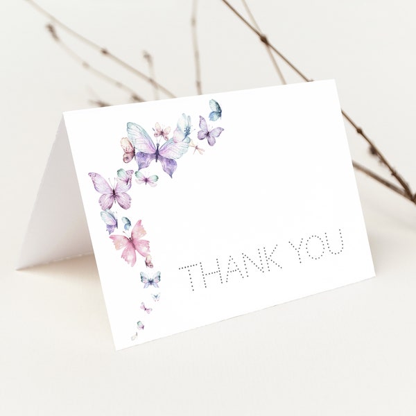 Butterfly Thank You Card, Butterfly Kisses And Baby Wishes, Tent Fold Card, Baby Shower Thank You, Birthday Thank you, Instant Download