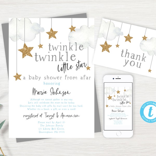 Twinkle Star Baby Shower By Mail Invitation, Long Distance Baby Shower, Little Star Shower By Mail, Editable PDF, Instant Download